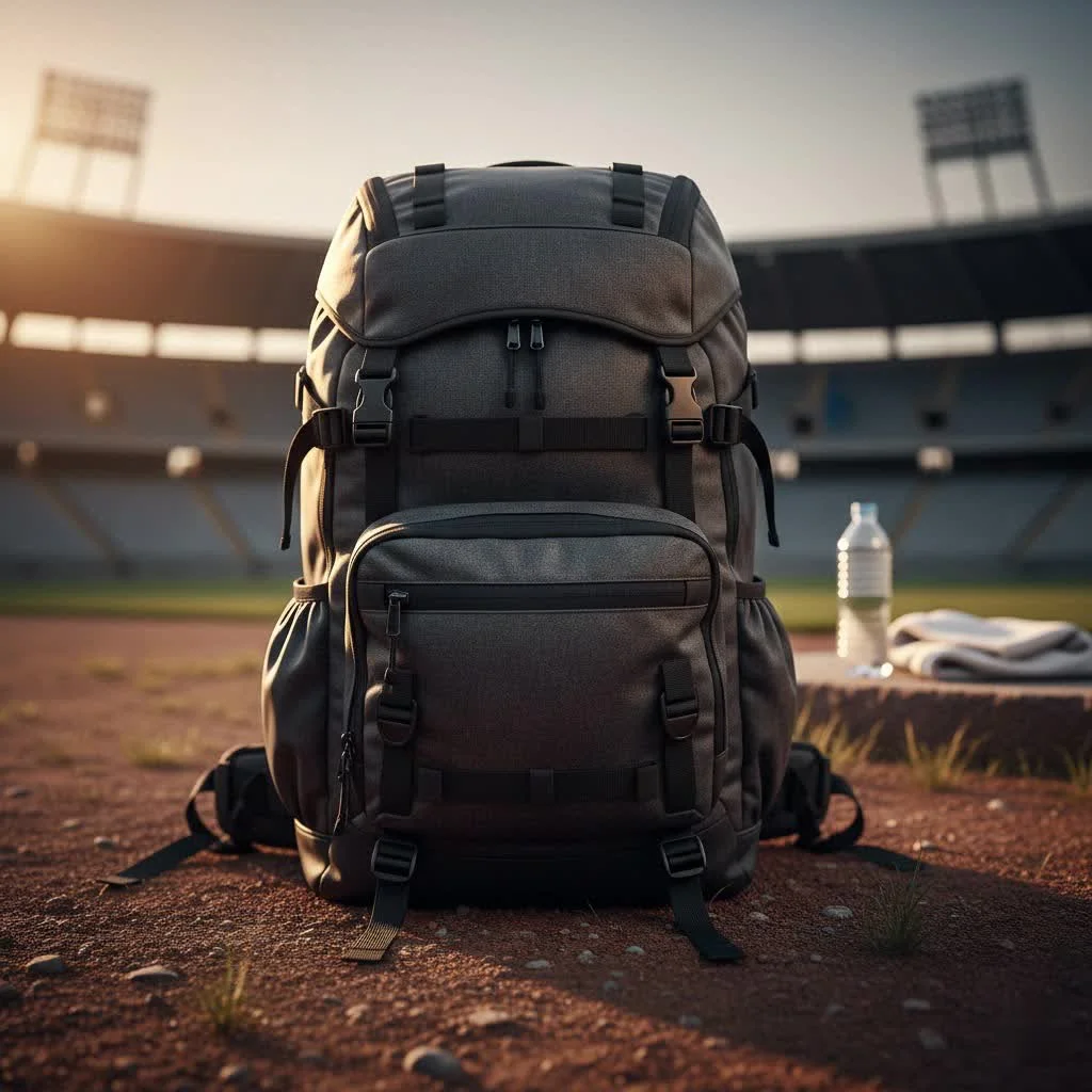 Travel backpack on a scenic mountain trail