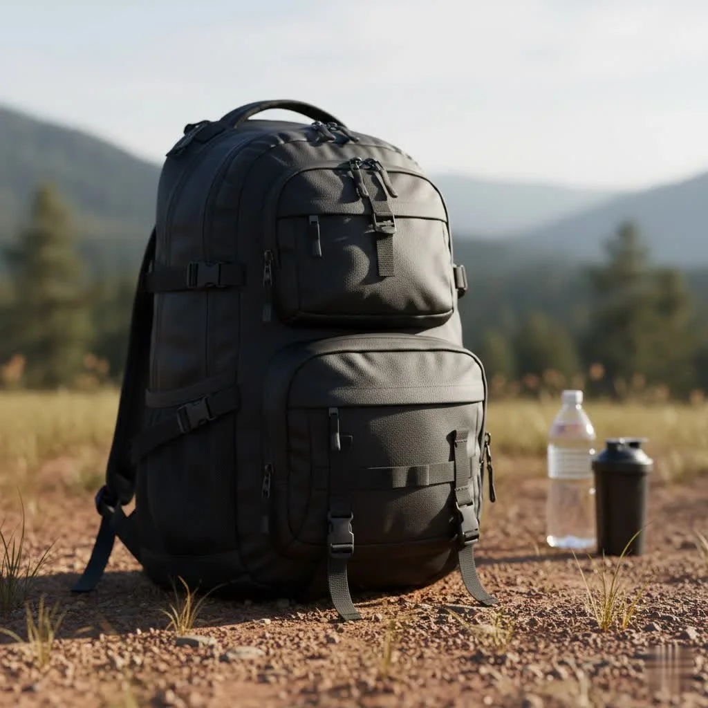 Light travel backpack with a scenic mountain background