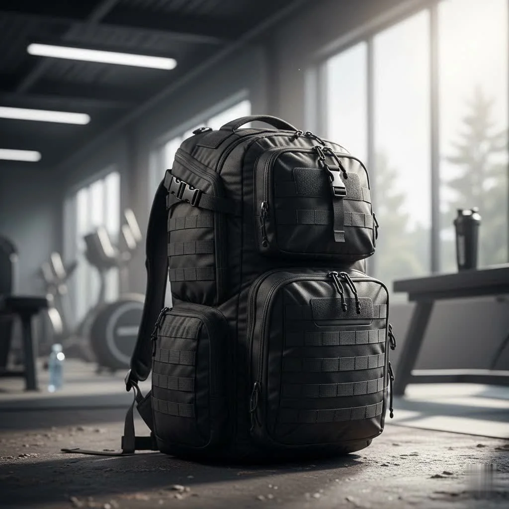 Expandable travel backpack on a wooden floor